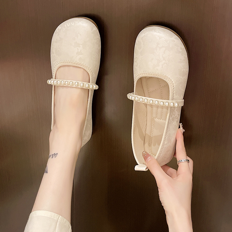 Pearl Strap Jacquard Mary Jane Flats