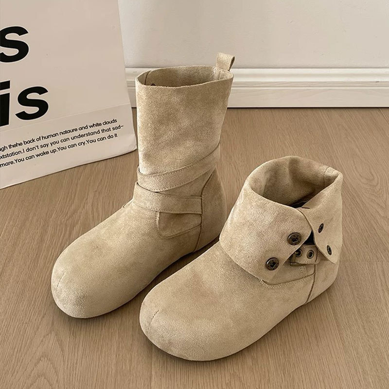Fold Over Suede Flat Ankle Boots