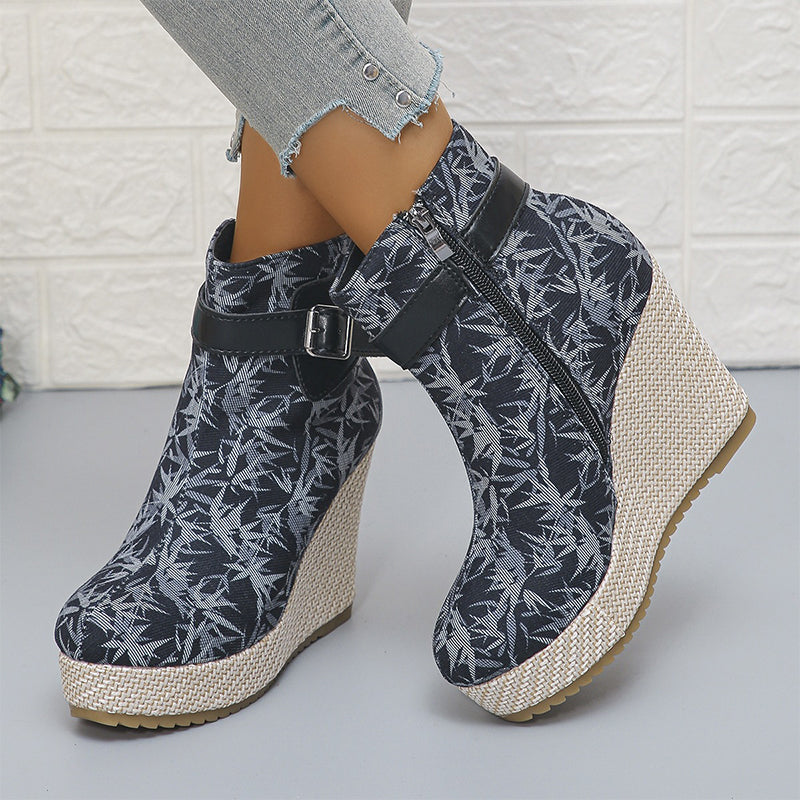 Vintage Floral Wedge Ankle Boots