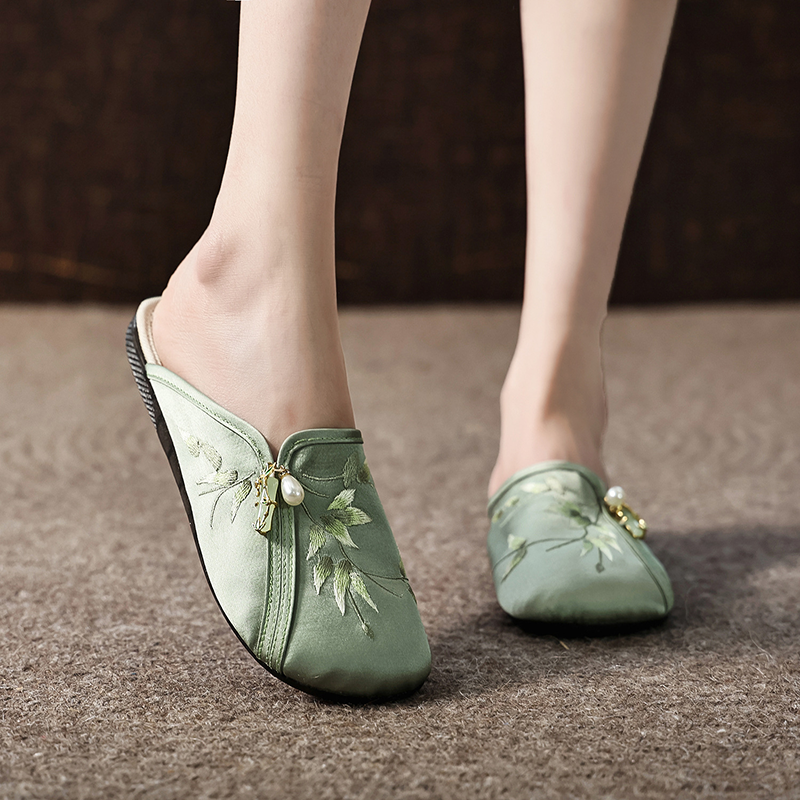 Embroidered Pearl Slip-On Mules