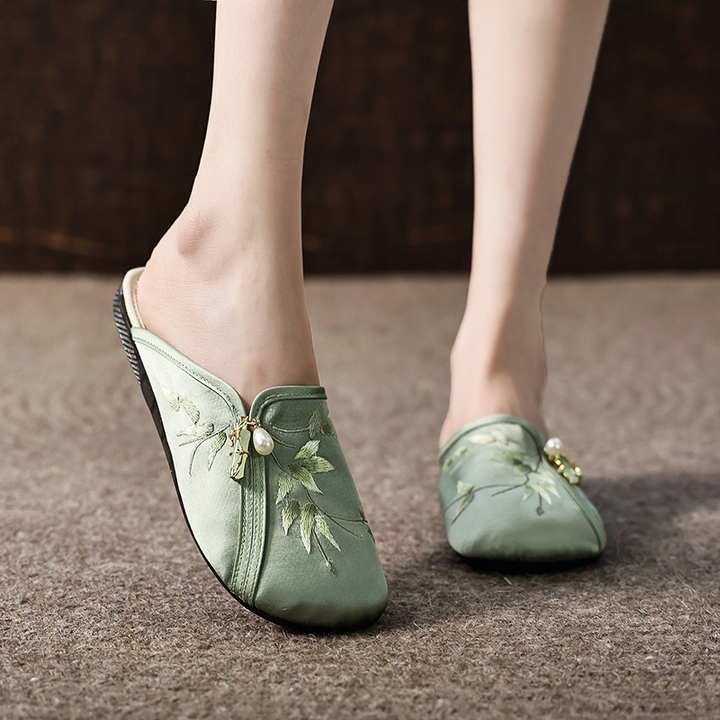 Embroidered Pearl Slip-On Mules
