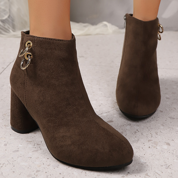 Suede-Look Metal Ring Block Heel Ankle Boots