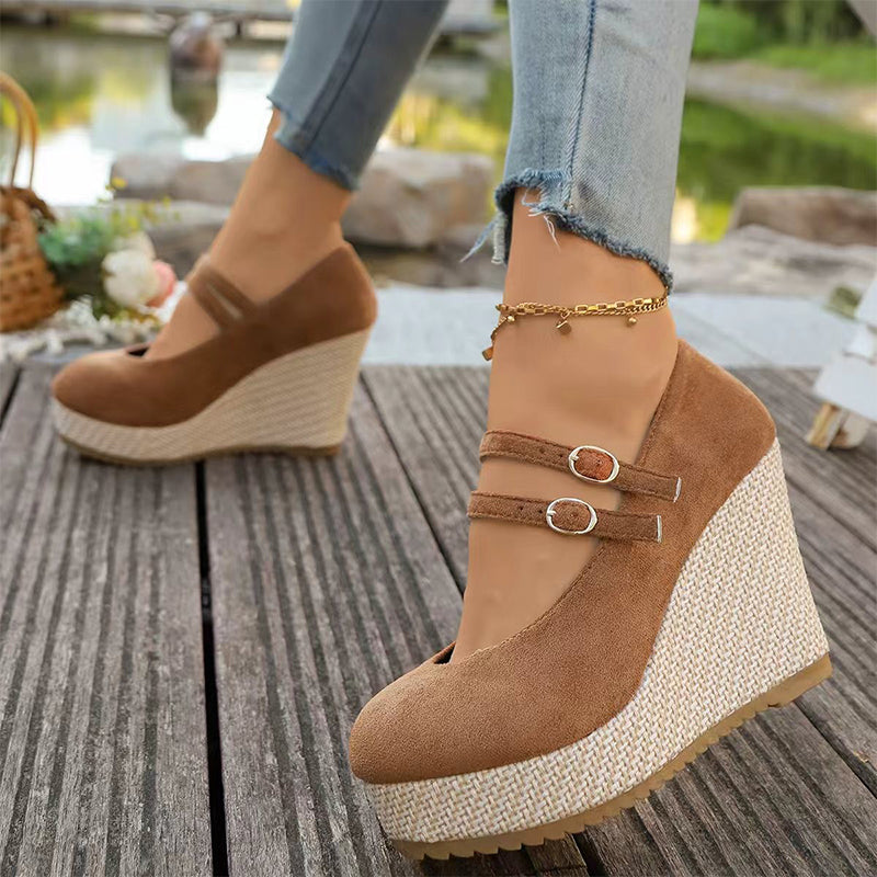 Skull Rose Print Platform Wedge Mary Jane Shoes