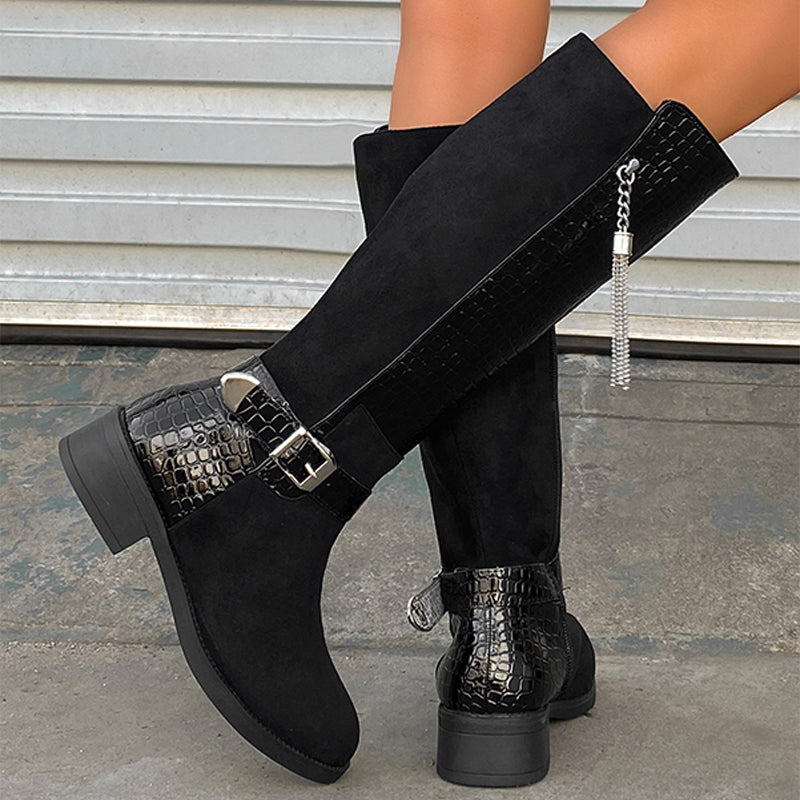 Vintage Buckle Patchwork Knee-High Boots