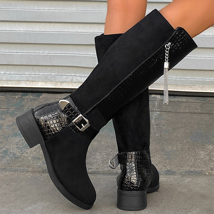 Vintage Buckle Patchwork Knee-High Boots