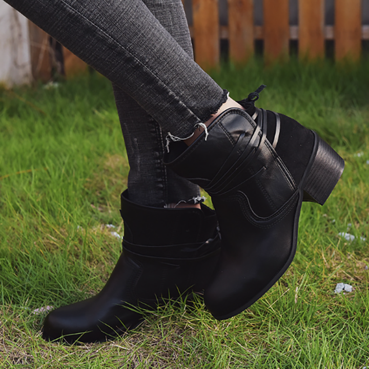 Wrap Strap Block Heel Ankle Boots