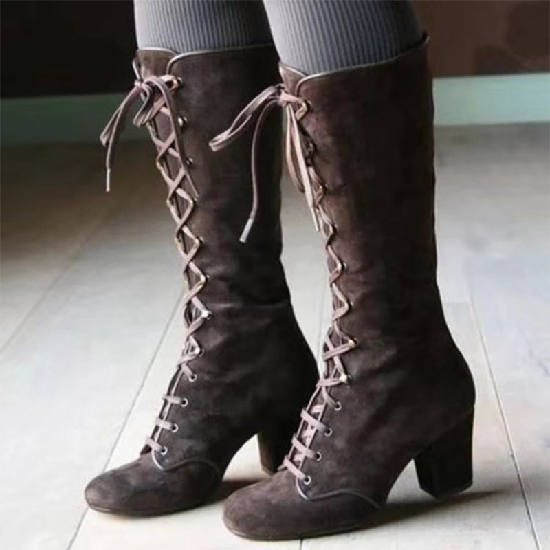 Vintage Lace-Up Suede Knee-High Boots