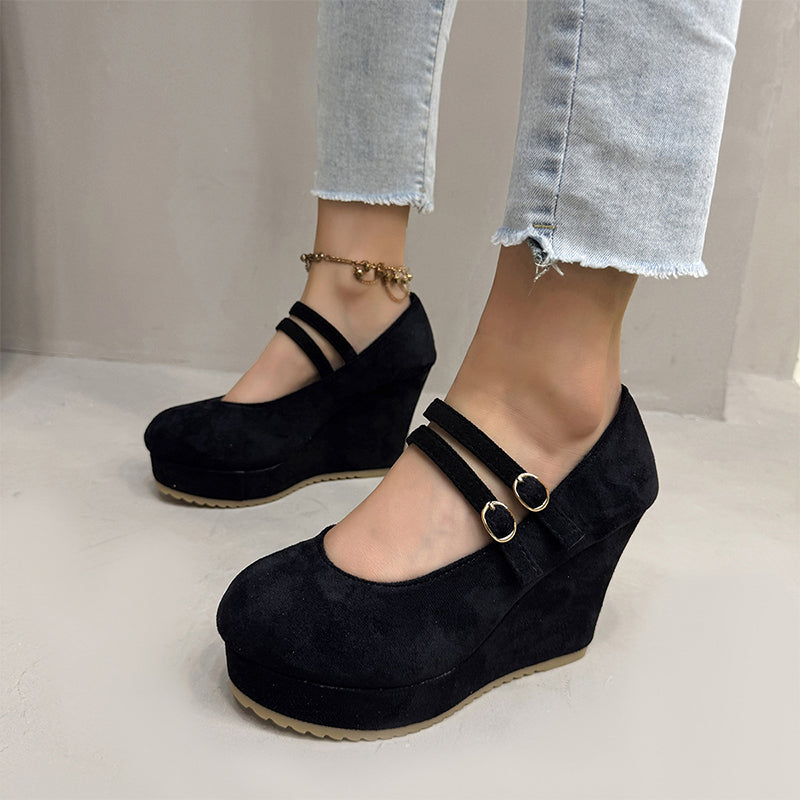 Skull Rose Print Platform Wedge Mary Jane Shoes