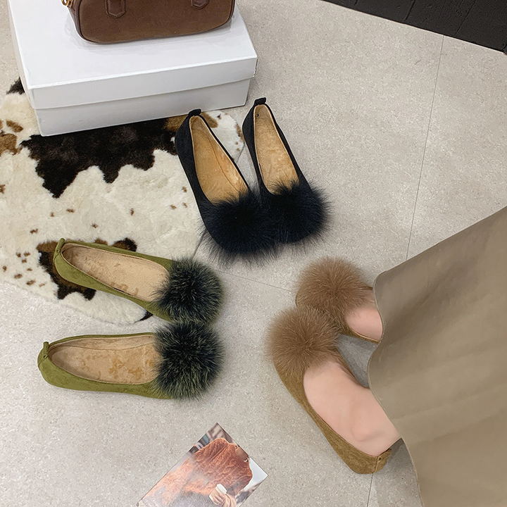 Faux Fur Pom-Pom Ballet Flats