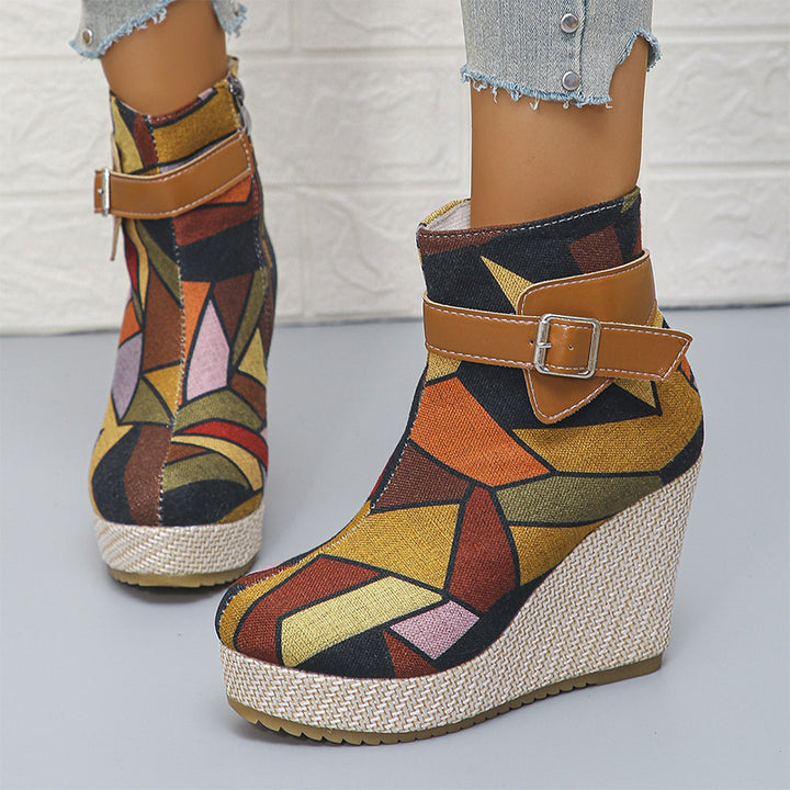 Vintage Floral Wedge Ankle Boots