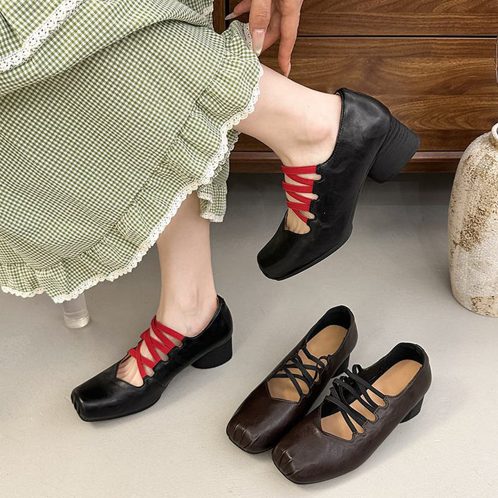 Vintage Lace-Up Square Toe Block Heel Pumps