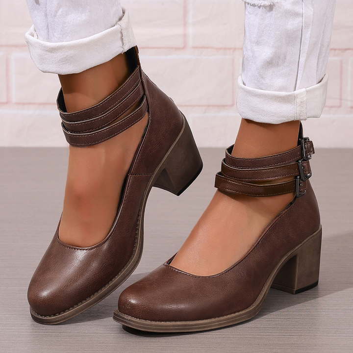 Retro Triple Strap Block Heel Pumps