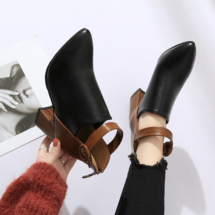 Two-Tone Buckle Block Heel Ankle Boots