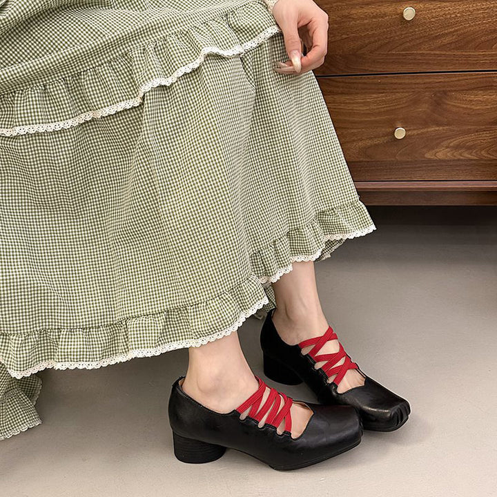 Vintage Lace-Up Square Toe Block Heel Pumps