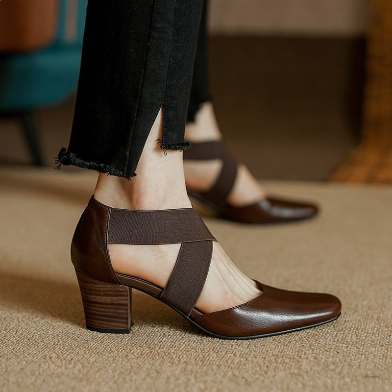 Elastic Strap Block Heel Pumps