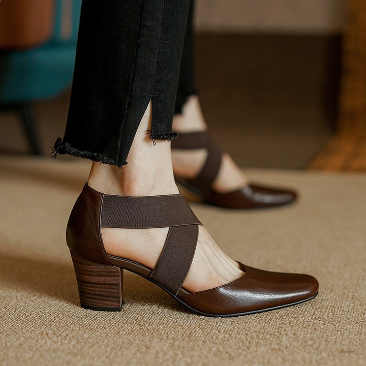 Elastic Strap Block Heel Pumps
