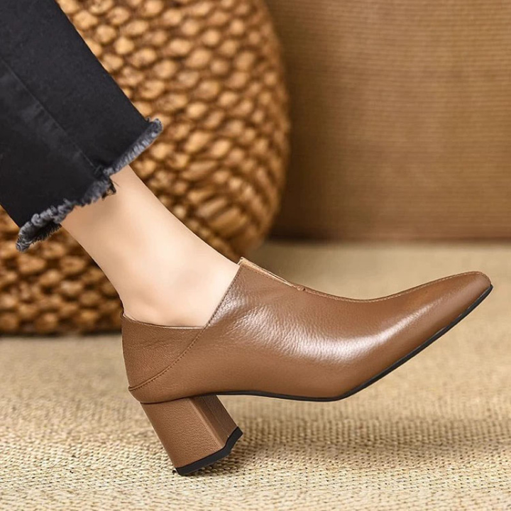 Elegant V-Cut Pointed Toe Block Heel Pumps