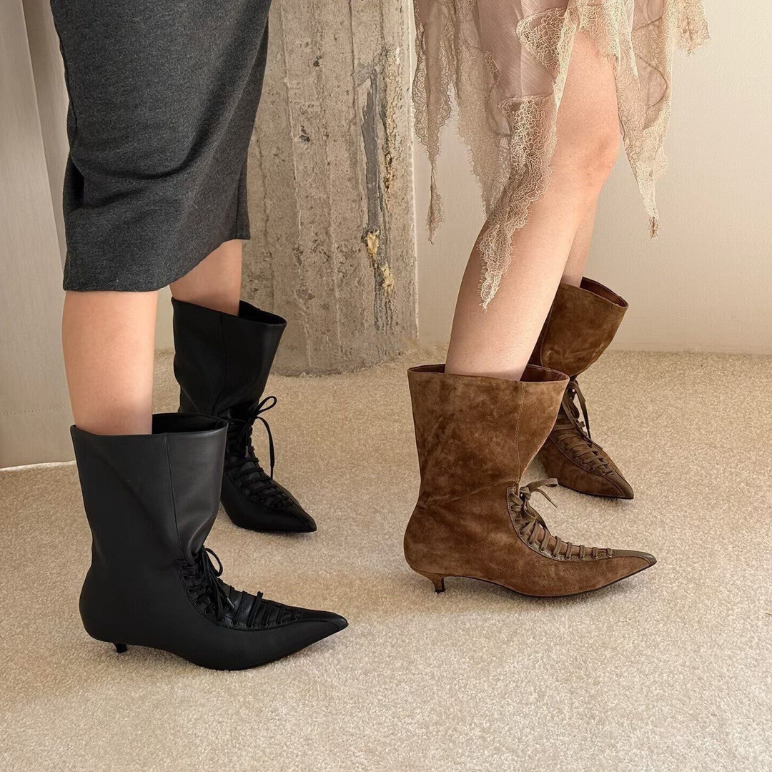Vintage Lace-Up Pointed Toe Mid-Calf Boots