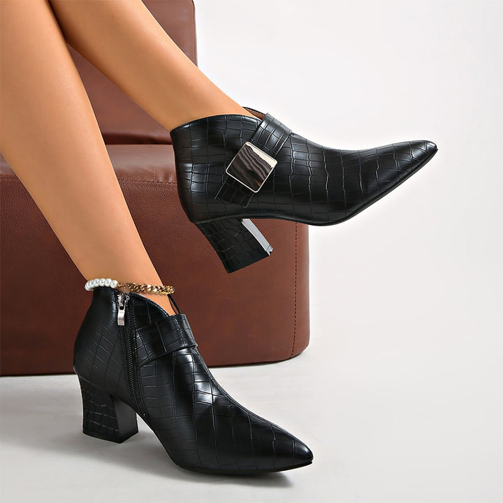 Croc-Embossed Buckle Block Heel Ankle Boots