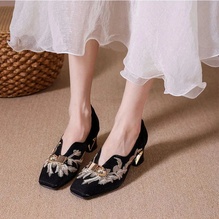 Embroidered Metallic Block Heel Pumps