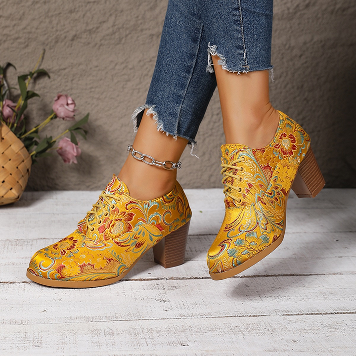 Floral Brocade Lace-Up Block Heel Pumps