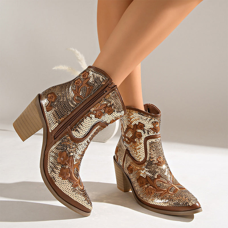 Sequin Embroidered Western Ankle Boots