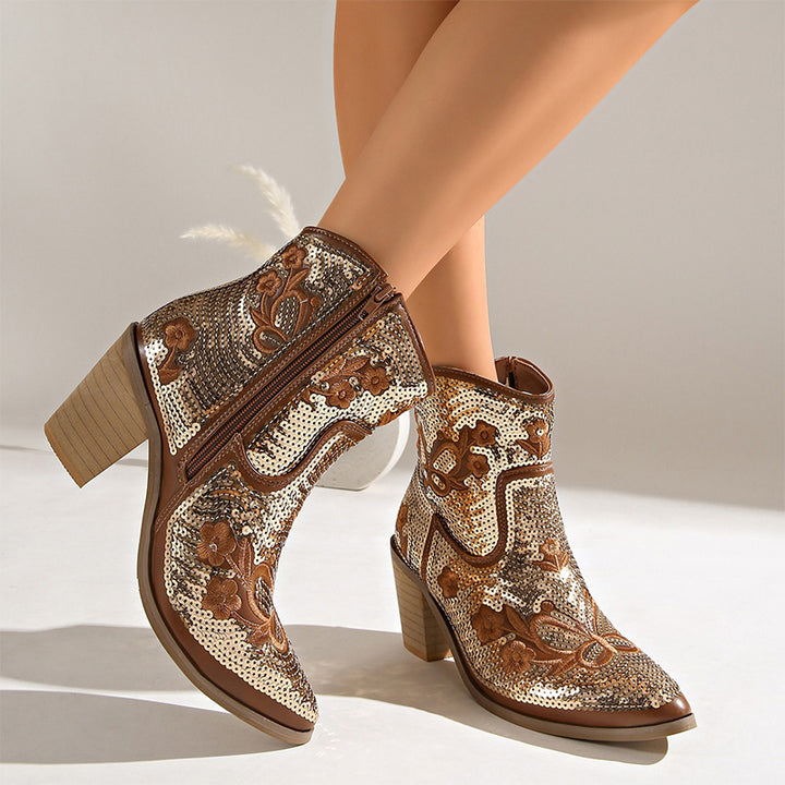 Sequin Embroidered Western Ankle Boots