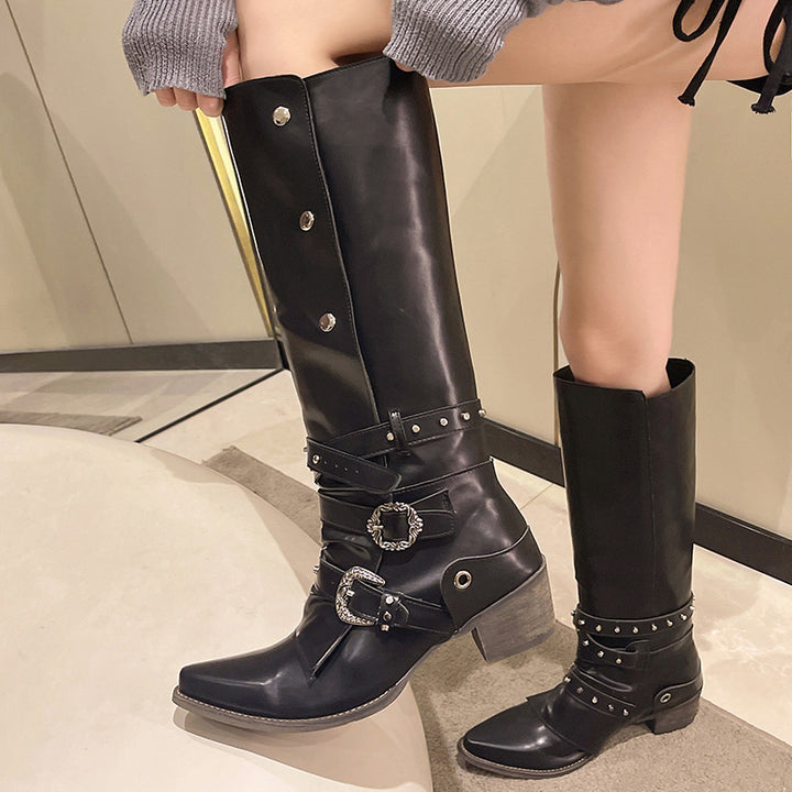 Vintage Buckle Knee-High Western Boots