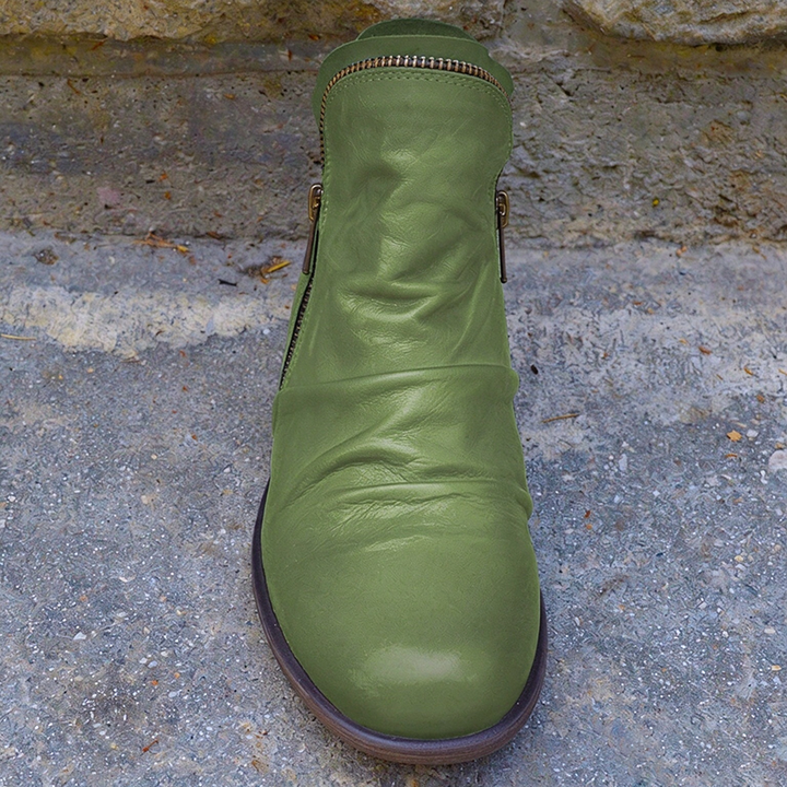 Side-zip ruched low-heel vintage ankle boots