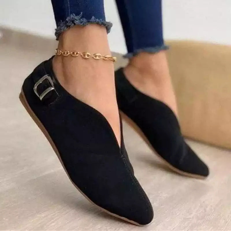 Suede V-Cut Buckle Flat Shoes