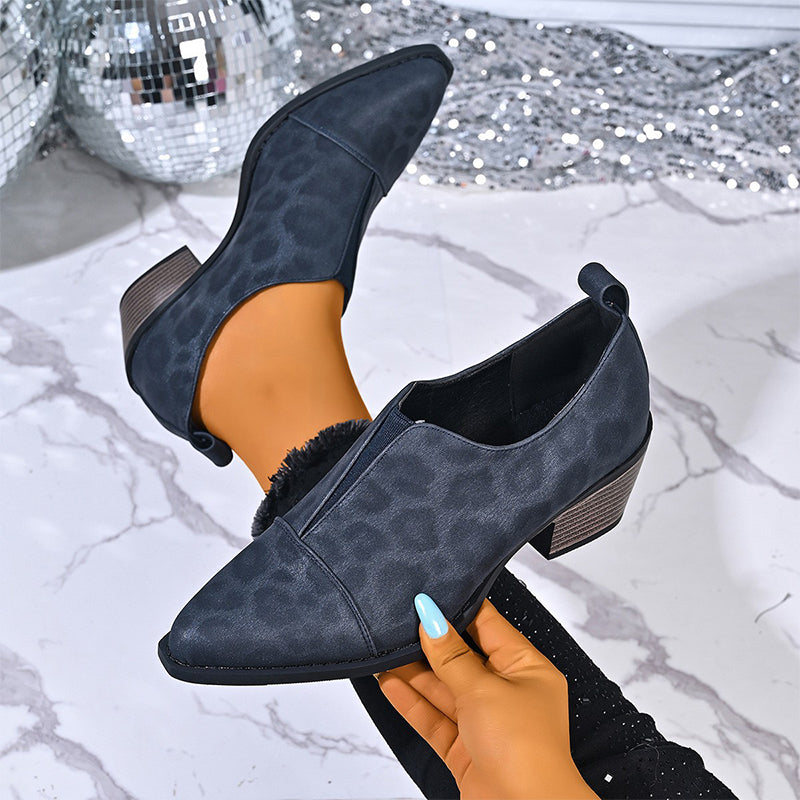 Leopard Print Pointed Toe Block Heel Shoes