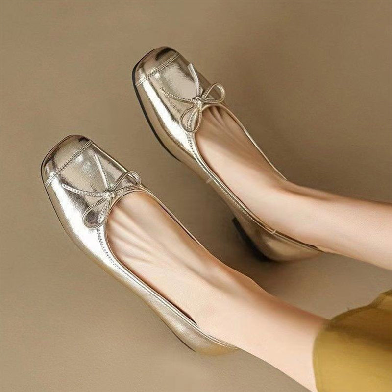 Metallic Silver Bow Square Toe Ballet Flats