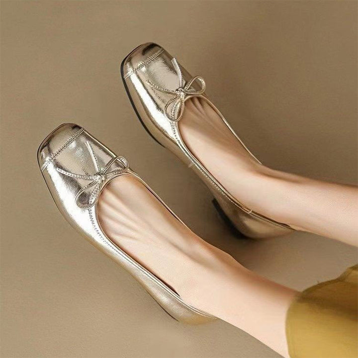 Metallic Silver Bow Square Toe Ballet Flats