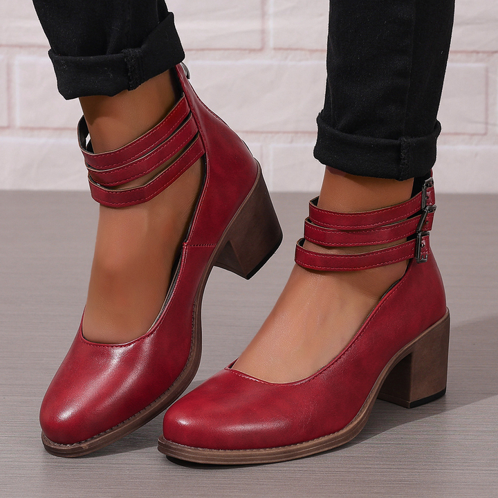Retro Triple Strap Block Heel Pumps
