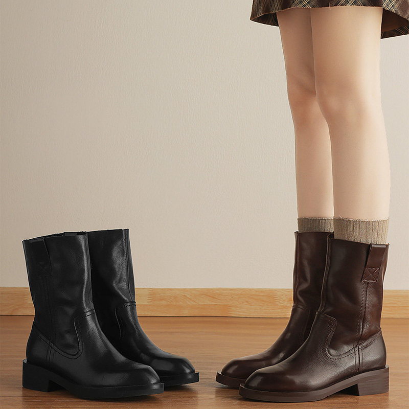 Classic Brown Mid-Calf Block Heel Boots
