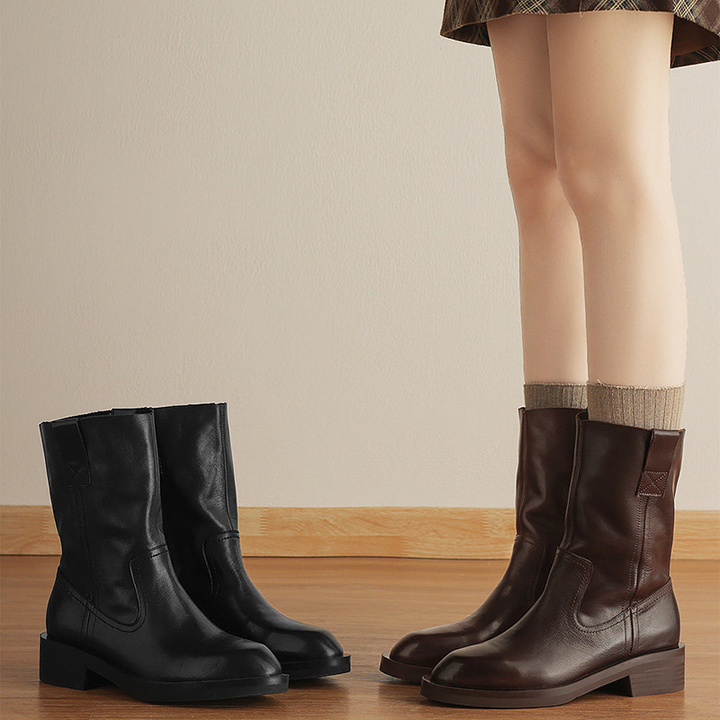 Classic Brown Mid-Calf Block Heel Boots