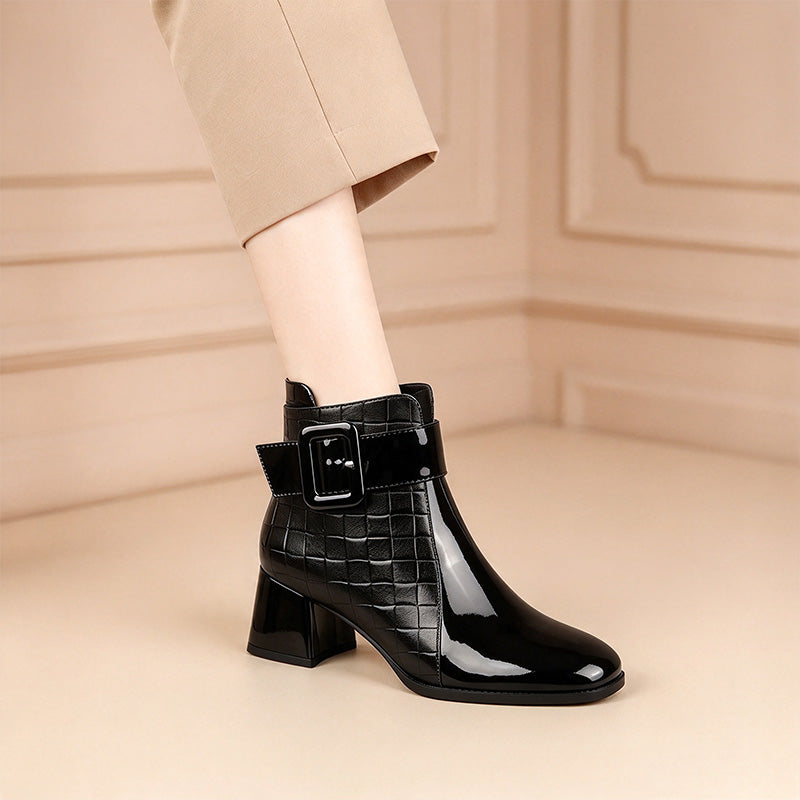 Quilted Buckle Block Heel Ankle Boots