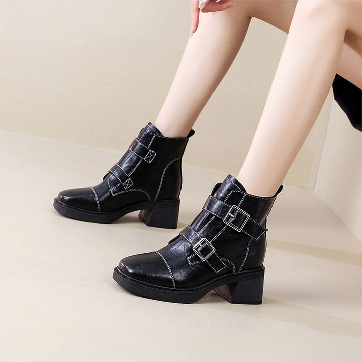 Double Buckle Block Heel Ankle Boots