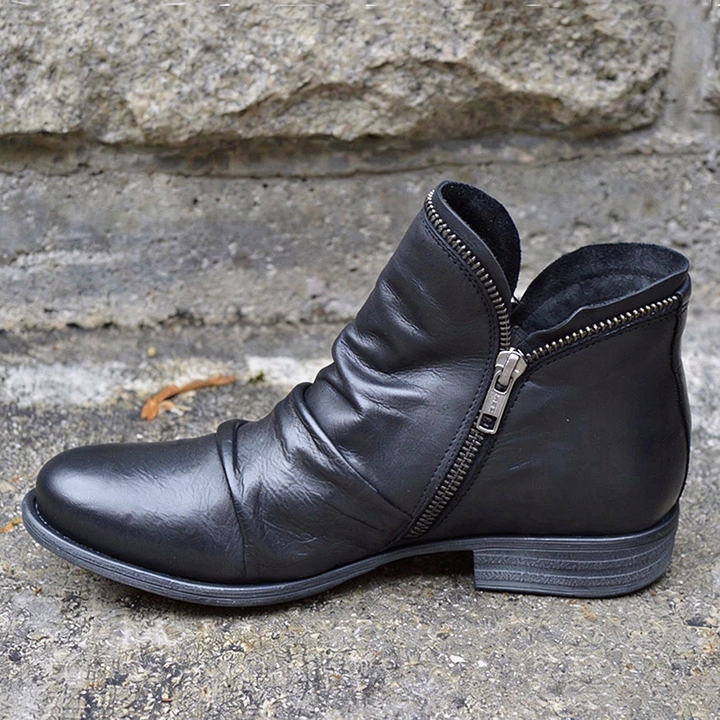 Side-zip ruched low-heel vintage ankle boots
