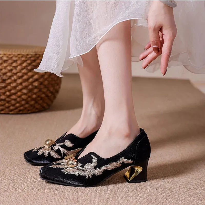 Embroidered Metallic Block Heel Pumps