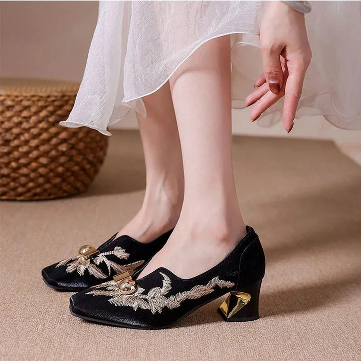 Embroidered Metallic Block Heel Pumps