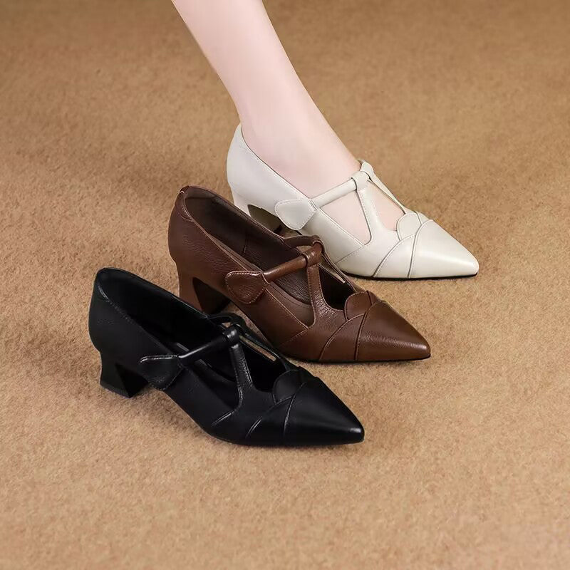 Elegant T-Strap Pointed Toe Block Heel Pumps