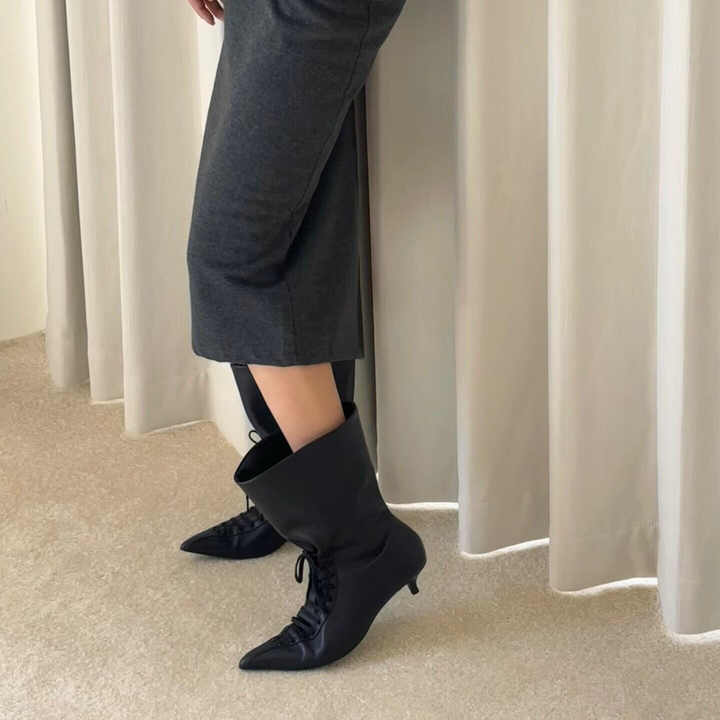 Vintage Lace-Up Pointed Toe Mid-Calf Boots