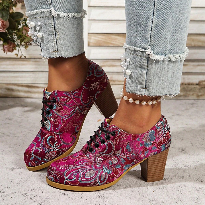 Floral Brocade Lace-Up Block Heel Pumps