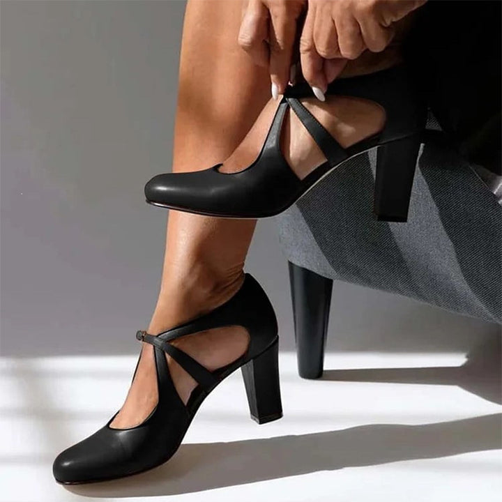 Cross Strap Block Heel Pumps
