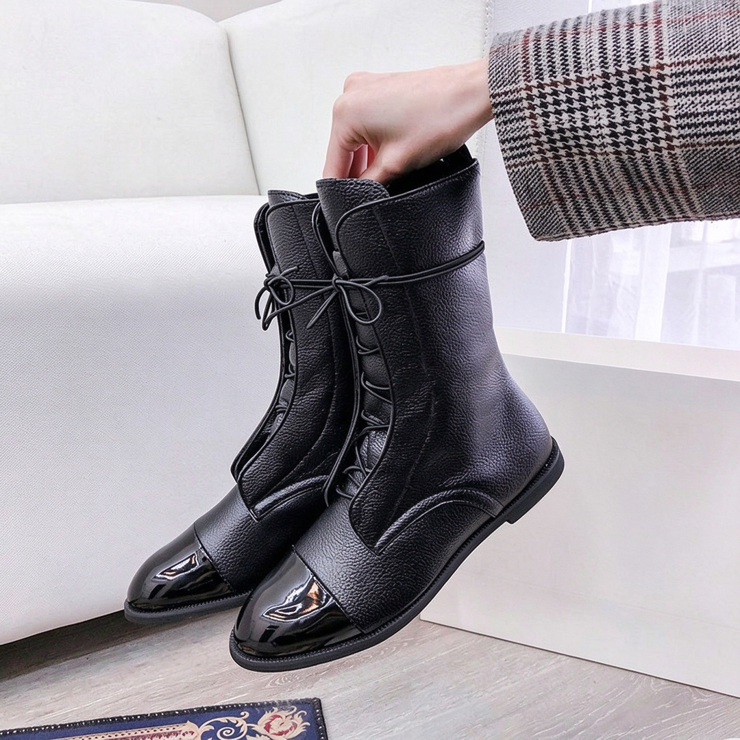 Lace-Up Cap Toe Mid-Calf Boots