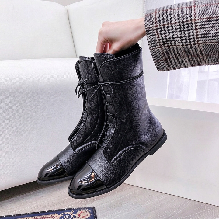 Lace-Up Cap Toe Mid-Calf Boots