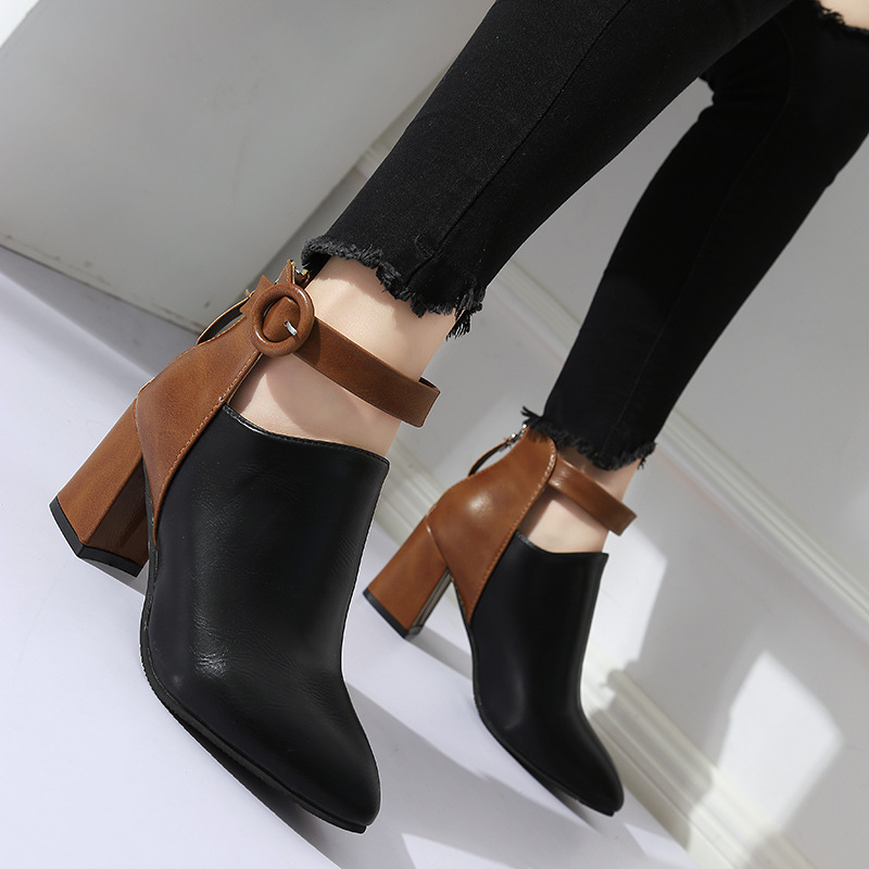 Two-Tone Buckle Block Heel Ankle Boots
